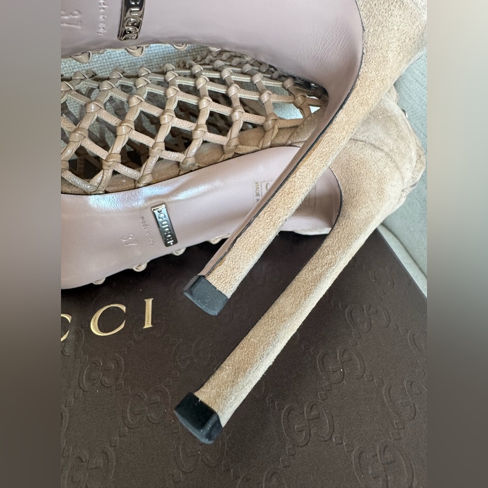 Gucci Tan Caged/Netted Design Ankle Heels Size 37 - Picture 4 of 9